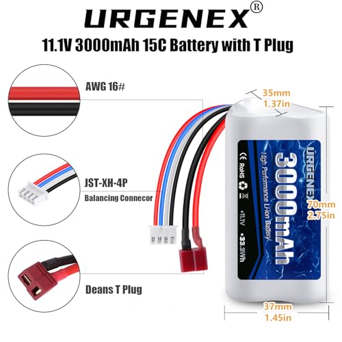 11.1V 3000mAh Li-ion Battery for R608 Brushless RC Boat 15C 3000mAh High Capacity RC Battery with Dean-Style T Plug 33.3Wh 3S Fit for DEERC 2104 210E 200E High Speed RC Boats 2PCS