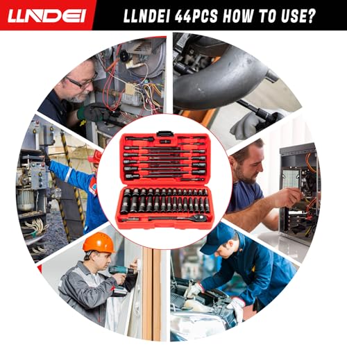1/4" Drive Socket Set & Nut Driver Set with Ratchet, 44Pcs | 1/4-Inch Sockets Deep&Shallow Metric(4-15mm), 1/4" Hex Shank 6" Long Nut Drivers(6-14mm) for Impact Drill Bits(PH1 PH2) - size: 44PCS Metric