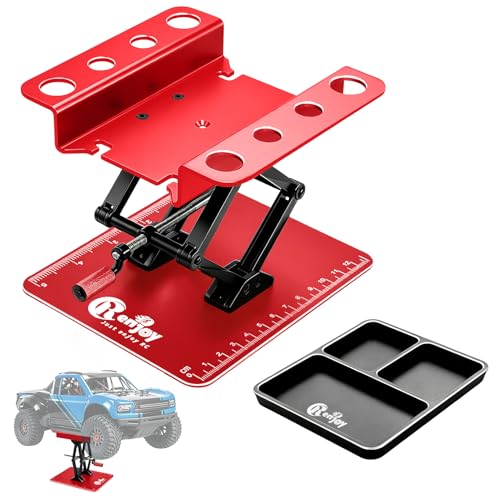RC Car Stand Lift Lower with 3-Slot Screw Tray for 1/8 1/10 1/12 Scale, Red | Aluminum RC Car Work Stand Repair Tool Set for RC Cars Crawler Truck Traxxas TRX4 Axial SCX10 Upgrade - color: Red, With 3-slot Screw Tray