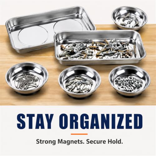 Okllen 6 Pcs Magnetic Parts Tray Set, Stainless Steel Heavy Duty 9.5"W x 5.5''L Square and 4 1/4" Round Extra Strong Magnetic Tool Trays Holder for Socket Screw Nuts Bolts Metal Parts