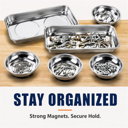 Okllen 6 Pcs Magnetic Parts Tray Set, Stainless Steel Heavy Duty 9.5"W x 5.5''L Square and 4 1/4" Round Extra Strong Magnetic Tool Trays Holder for Socket Screw Nuts Bolts Metal Parts