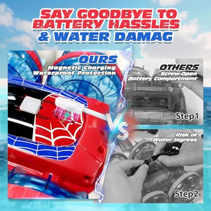Tecnock Amphibious Remote Control Car Boat, 4WD Gesture RC Cars with Magnetic Charging, 60 Min Playtime, LED Lights, Pool Toys for Kids Ages 6-12, Gift Toys for Boys Girls - color: Red
