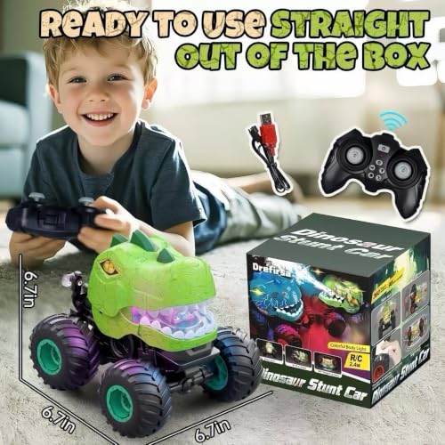Drefirsa Remote Control Car for Boys 4-7 8-12, Dinosaur Monster Truck Toys with 50min+ Runtime, Spray, LED Light, 360° Rotating & 90° Driving, RC Stunt Car for Kids Birthday | 50min+ Runtime,Stunt, Spray, LED Light, Rotating, Upright Driving, RC Stunt Car