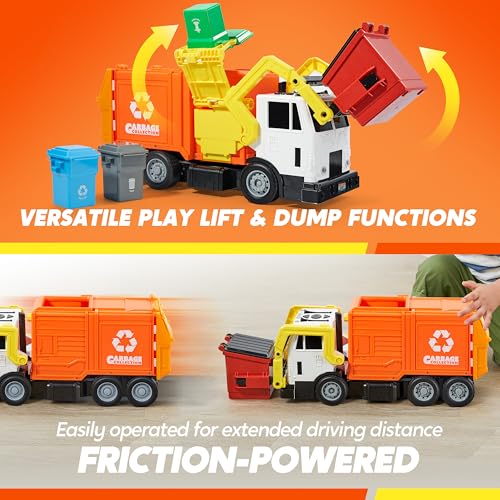 JOYIN Large Friction Powered Garbage Truck Toy Set, Includes Dumpster, Trash Bins, and Learning Cards for Kids, Orange - color: Orange