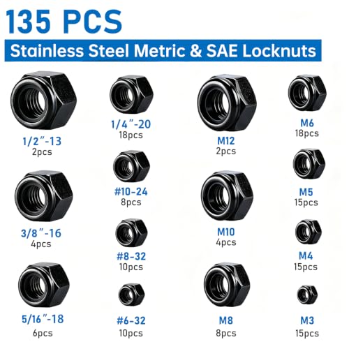 135 Pack Black 304 A2-70 Nylon Insert Lock Nuts, SAE & Metric | M3 M4 M5 M6 M8 M10 M12 #6-32 #8-32 #10-24 1/4-20 5/16-18 3/8-16 1/2-13, Anti-Loose for Industrial & Home Fastening - color: Black, size: Metric&SAE