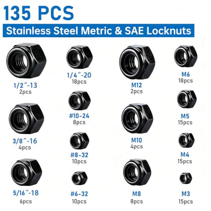 135 Pack Black 304 A2-70 Nylon Insert Lock Nuts, SAE & Metric | M3 M4 M5 M6 M8 M10 M12 #6-32 #8-32 #10-24 1/4-20 5/16-18 3/8-16 1/2-13, Anti-Loose for Industrial & Home Fastening - color: Black, size: Metric&SAE
