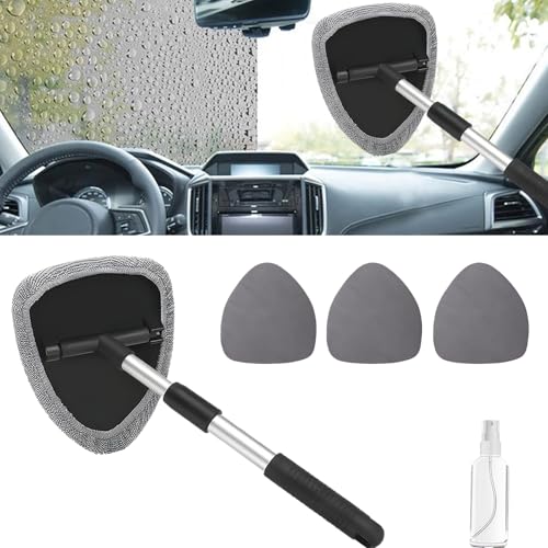 Windshield Cleaning Tool, Car Window Cleaner with Extendable Handle, 4 Microfiber Pads and Spray Bottle, Auto Interior Exterior Glass Wiper Cleaning Kit Universal for RV, SUV, Truck (Gray) - color: Gray