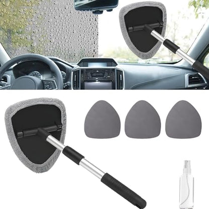 Windshield Cleaning Tool, Car Window Cleaner with Extendable Handle, 4 Microfiber Pads and Spray Bottle, Auto Interior Exterior Glass Wiper Cleaning Kit Universal for RV, SUV, Truck (Gray) - color: Gray
