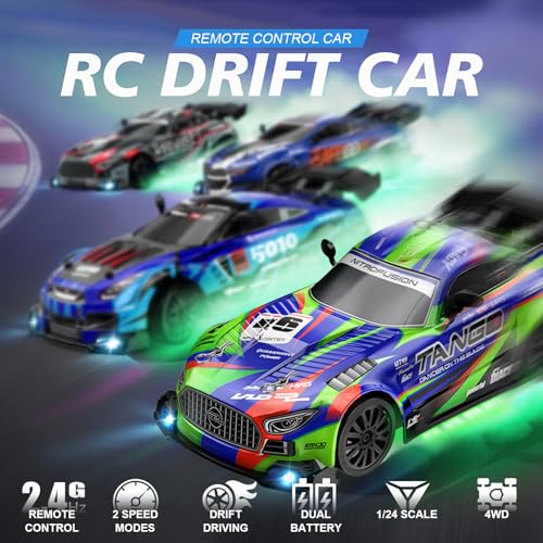 RC Car for Kids, 1:24 4WD High Speed Remote Control Drift Car | 2.4GHz RC drift car with LED lights, 2 Batteries & Drift Tires, dual-mode tires, Birthday gift for boys aged 4-12, Green - color: 1-green