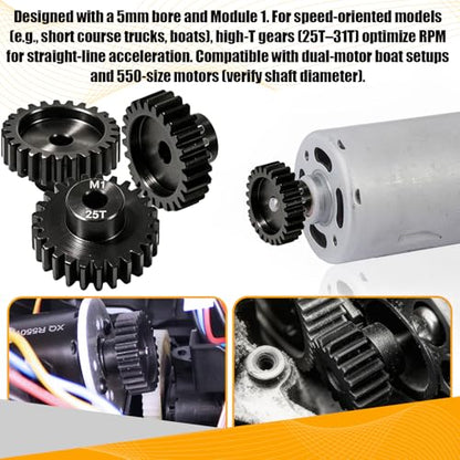 M1 Gear 25T 5mm Bore 3-Pack – High-Precision Hardened Steel Motor Pinion Gear for 1/8 1/10 RC Crawler, Monster Truck, Short Course Truck & Boat (Compatible with Traxxas Axial, FMS, HSP Redcat Losi) - style: M1 3Pcs 25T