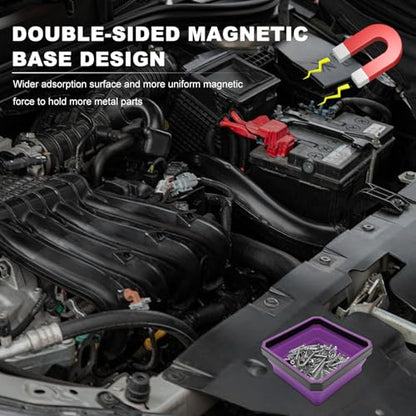 Collapsible Magnetic Parts Tray, 4.5" Square Metal Parts Organizer with Dual-Sided Magnetic Base, Foldable Tools Tray Silicone Storage Bowl for Screws Bolts Nuts Washers Pins (Purple) - color: Purple