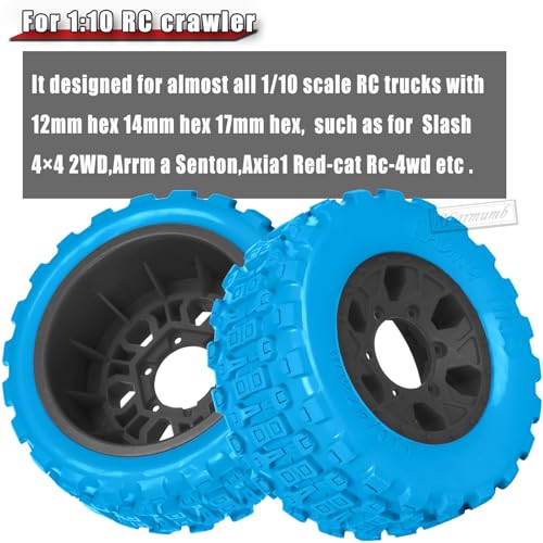 RC 1/10 Short Course Tires with 12MM 14MM 17MM Hex Compatible with Arrm a Senton,Axia1,Slash 2WD/4×4 4WD,Red cat, RC 4WD,Heavy Duty High Grip Rubber Tires w/Plastic Wheels,Blue&Black - color: Blue&black(4pcs)
