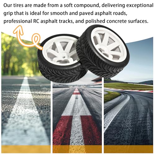 OD 2.55" On Road Rubber Tires Plastic Wheel Rims 12mm Hex for 1/10 RC Car | Compatible with MJX HSP Tamiya HPI Kyosho Traxxas Sakura Redcat WLtoys 1/10 RC On-Road Racing Touring Car (4pcs, White) - style: E-White