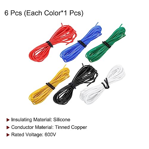 MECCANIXITY 28 Gauge Wire Silicone Wire 28AWG Electrical Wire Stranded Wire Tinned Copper Wire High Temp Hookup Wire 6 Color 3.0m/10ft for Car Model Electric Appliances 6pcs - size: 28AWG, 10ft