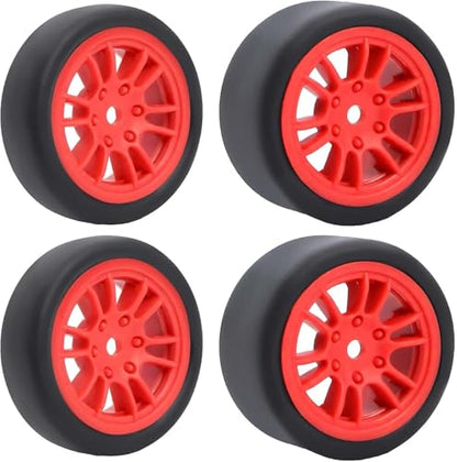 4PCS Pre-Glued On-Road Drift Racing Smooth Rubber Tires and Wheel Rims Set 7MM Hexagon for 1/24 Losi Micro-B RC Car Upgrades Parts (12Spoke-Red) - color: 12spoke-red