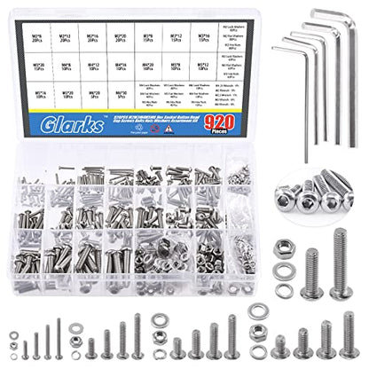 Glarks 925Pcs M2 M3 M4 M5 M6 Button Head Screws 304 Stainless Steel Hex Socket Cap Screws Bolts and Nuts Washers Assortment Kit with Hex Wrench for Machinery Furniture Car Repair - size: M2/M3/M4/M5/M6 screw assortment kit