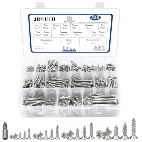 530Pcs Stainless Steel Wood Screws Set #4#6#8#10#12 Phillips Flat Head Sheet Metal Screw Self Tapping Screws Assortment Kit, Length 1/4" to 2" - color: Flat Head - 304 Stainless Steel - 530pcs