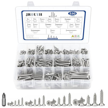 530Pcs Stainless Steel Wood Screws Set #4#6#8#10#12 Phillips Flat Head Sheet Metal Screw Self Tapping Screws Assortment Kit, Length 1/4" to 2" - color: Flat Head - 304 Stainless Steel - 530pcs