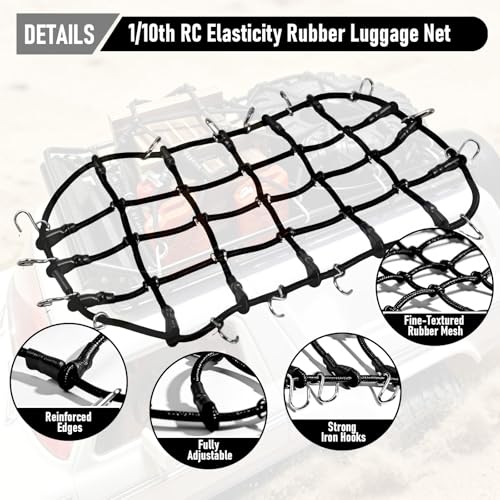 1/10 RC Elastic Cargo Net 19×12cm with Hooks, Scale Luggage Net for TRX4 | Compatible with TRX4 SCX10 D90 Axial 90046 1/10 RC Crawler Truck Accessories (Black) - color: Black