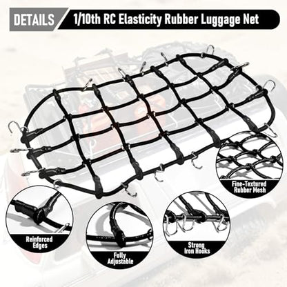 1/10 RC Elastic Cargo Net 19×12cm with Hooks, Scale Luggage Net for TRX4 | Compatible with TRX4 SCX10 D90 Axial 90046 1/10 RC Crawler Truck Accessories (Black) - color: Black