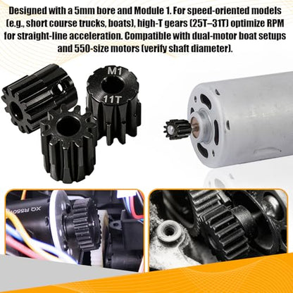 M1 Gear 11T 5mm Bore 3-Pack – High-Precision Hardened Steel Motor Pinion Gear for 1/8 1/10 RC Crawler, Monster Truck, Short Course Truck & Boat (Compatible with Traxxas Axial, FMS, HSP Redcat Losi) - style: M1 3Pcs 11T