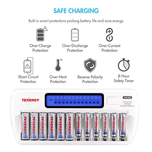 Tenergy TN160 12-Bay LCD NiMH/NiCD AAA/AA Battery Charger + 12 AA Premium NiMH Rechargeable Batteries - size: Charger + 12 Pack Premium AA
