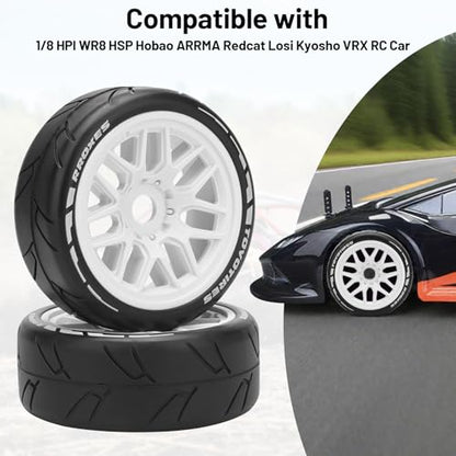 1/8 RC On Road Car Tires and Wheels, daitoku 17mm Hex RC Rally Racing Tires for HPI WR8 HSP Hobao ARRMA Redcat Losi Kyosho VRX (White)