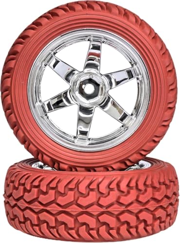 4PCS 75mm Rubber Tires and 6Spokes Plastic Wheel Rims Tyre for 1/10 RC On-Road Drift Racing Car 1:14 1:16 Rally Car for Tamiya Kyosho HPI HSP TT02 Upgrades Parts (Red Silver) - color: Red Silver
