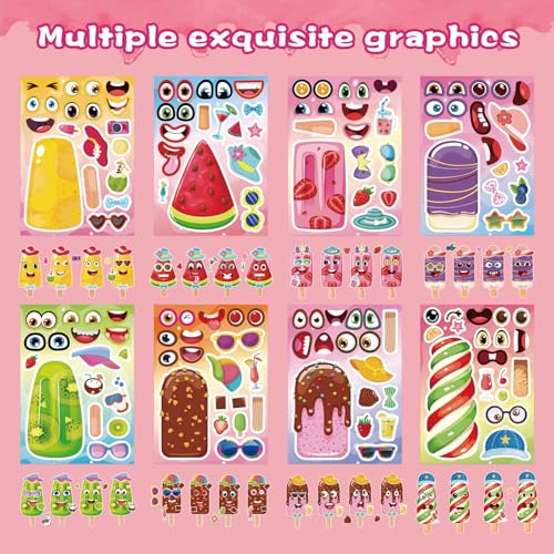 Make Your Own Ice Cream Stickers, Make a Face Sticker | 24 Sheets Mix and Match Watermelon, Chocolate, Kiwi, Strawberry Ice Cream Stickers for Kids Activities Supplies Crafts - style: Ice Cream