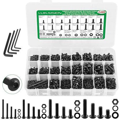 2404PCS Screw Assortment Kit, M2-M5 10.9 Alloy Steel Hex Button Cap Bolts | With Nuts & Flat Washers & Lock Washers & Wrench, Black Zinc Plated High-Tensile, Length 4-20mm, for 3D Printing, DIY, Home - size: M2 M3 M4 M5 2480pcs 2