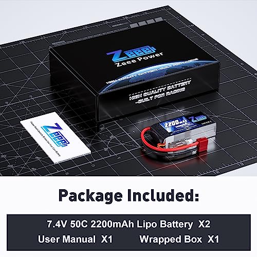 Zeee 2S 2200mAh Shorty Lipo Battery 7.4V 50C with T Connector (2 Pack) | RC Battery Soft Pack for 1/16 Slash RC Car RC Truck RC Helicopter Airplane Quadcopter Drone RC Boat Racing Models