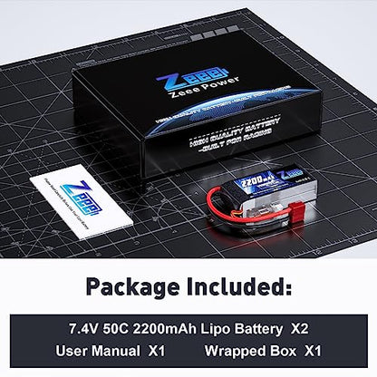 Zeee 2S 2200mAh Shorty Lipo Battery 7.4V 50C with T Connector (2 Pack) | RC Battery Soft Pack for 1/16 Slash RC Car RC Truck RC Helicopter Airplane Quadcopter Drone RC Boat Racing Models