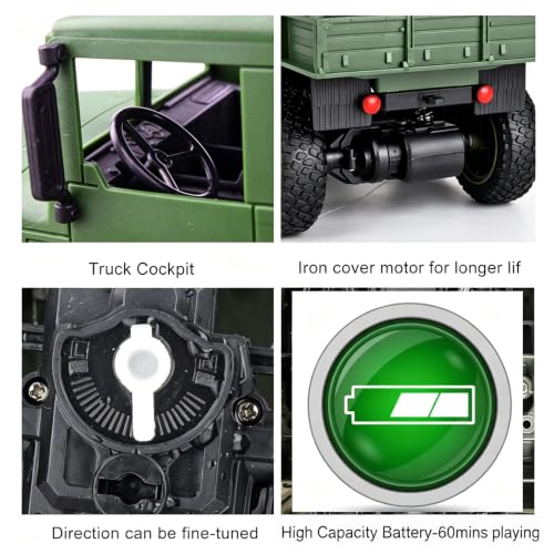 XINGRUI 1:18 RC Military Truck, 50 Min Playtime Remote Control Car, 2.4Ghz 4WD Off-Road Vehicle, All Terrain Toy with LED Lights, Gift for Boys Girls Ages 6+