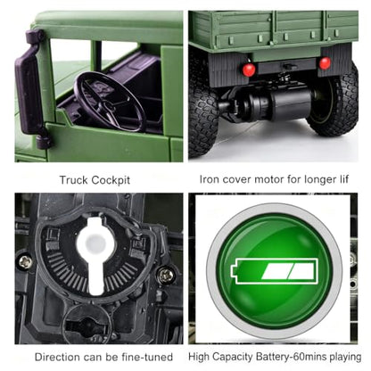 XINGRUI 1:18 RC Military Truck, 50 Min Playtime Remote Control Car, 2.4Ghz 4WD Off-Road Vehicle, All Terrain Toy with LED Lights, Gift for Boys Girls Ages 6+