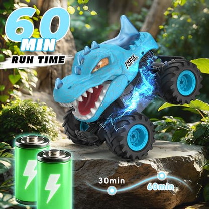 Dinosaur Remote Control Car, 2.4GHz Monster Truck Toys Rechargeable RC Cars 1:24 Scale RC Truck with LED Light Movable Mouth, Dinosaur Cars Toys for Kids Boys 6-8 8-12 Birthday Gift, Blue - color: Blue