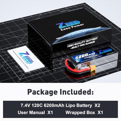 Zeee 2S 6200mAh Lipo Battery 7.4V 120C with XT60 Connector (2 Pack) | Soft Case RC Car Battery for RC Vehicles RC Truck Tank Truggy Boat Racing Hobby Models