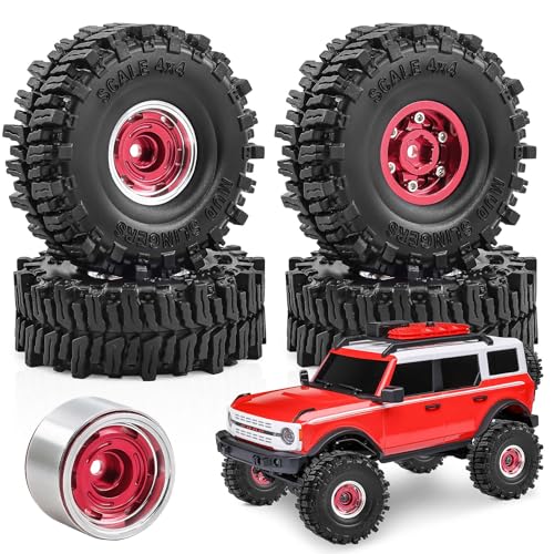 1.0" Beadlock Wheels and Tires for SCX24 TRX4M RC Crawle (Red) | 7mm Hex, Offset 0 mm, Soft Rubber Tires, 1/18 1/24 RC Crawler Upgrade Parts - color: Red 102