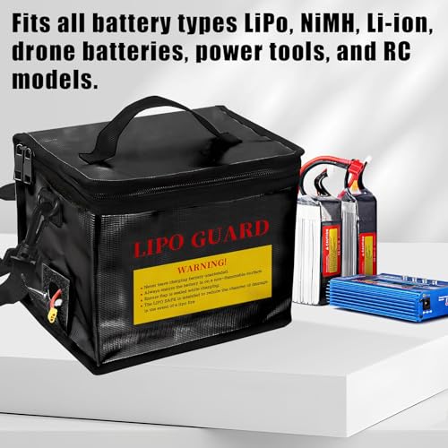 RC LiPo Battery Safe Bag, Fire-Resistant with Side Charging Port, Large Capacity Battery Guard Bag with Handle & Shoulder Strap for 2S 3S 4S 6S RC Car LiPo
