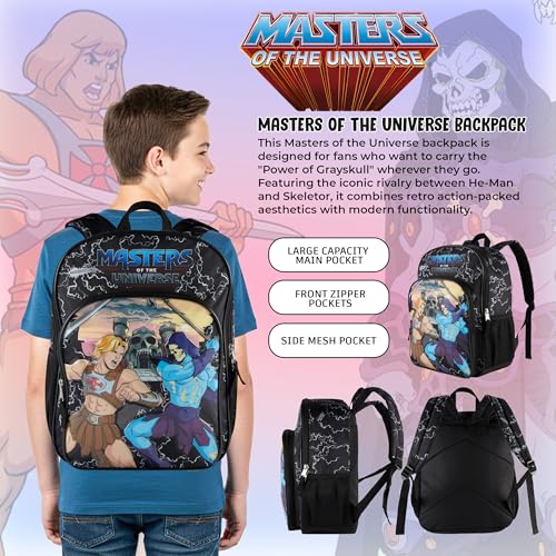 AI ACCESSORY INNOVATIONS Masters of the Universe Castle Grayskull Backpack for Kids, 16 Inch Bookbag featuring He-Man & Skeletor, Black - color: He Man
