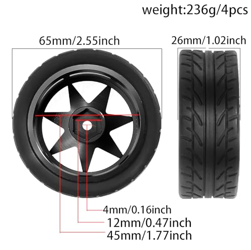 REDSPIDER 1/10 On Road Tires and Metal Wheels 12mm Hex RC Rally Racing Tyres OD 2.55" 4PCS for Tamiya TT01 TT02 XV01 TA06 A959 PTG2 HPI KYOSHO PTG2 Traxxas 1:10 Street Touring Drift Car (Black) - color: Black
