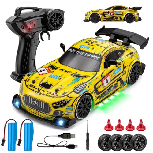 1:24 Scale RC Car for Kids, 4WD High Speed Remote Control Drift Car | 2.4GHz RC drift car with LED lights, 2 batteries(50-min)& dual mode tires (drift/speed). Gift for boys aged 4-12, Yellow - color: 3-yellow