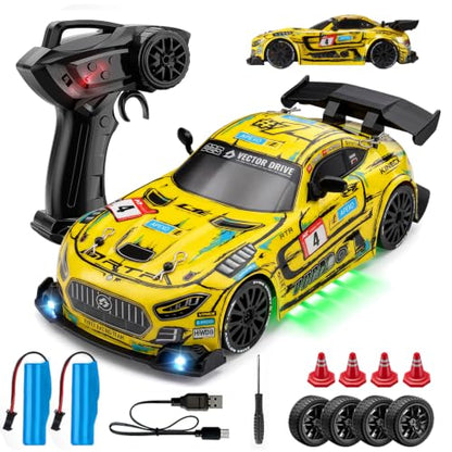 1:24 Scale RC Car for Kids, 4WD High Speed Remote Control Drift Car | 2.4GHz RC drift car with LED lights, 2 batteries(50-min)& dual mode tires (drift/speed). Gift for boys aged 4-12, Yellow - color: 3-yellow