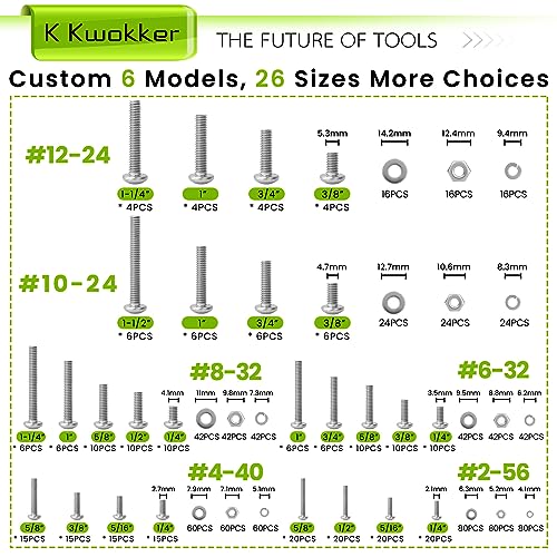 1059Pcs Nuts and Bolts Assortment Kit Phillips Pan Head #2-56#4-40#6-32#8-32#10-24#12-24 Machine Screws, K Kwokker 26 Sizes 304 Stainless Steel Screws Nut and Bolt Assortment with Screw Organizer - size: E. #2-56 - #12-24