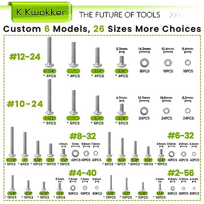 1059Pcs Nuts and Bolts Assortment Kit Phillips Pan Head #2-56#4-40#6-32#8-32#10-24#12-24 Machine Screws, K Kwokker 26 Sizes 304 Stainless Steel Screws Nut and Bolt Assortment with Screw Organizer - size: E. #2-56 - #12-24