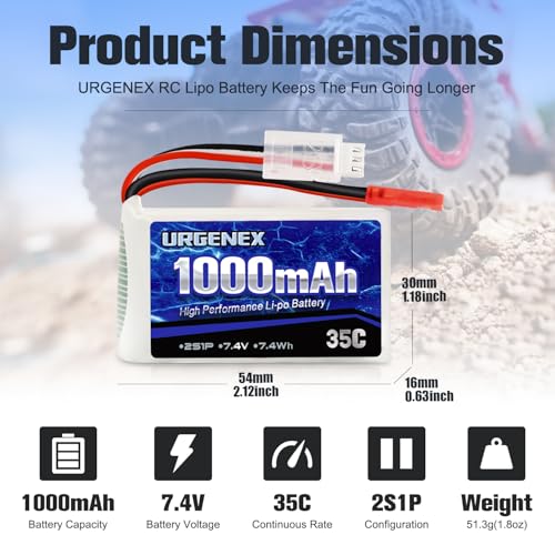 2S Lipo Battery 7.4V 1000mAh 35C(Burst 70C) Rechargeable RC Battery with JST Plug Compatible with WLtoys RC Cars A949 A959 A969 A979 K929 and Most 1/14 1/16 1/18 1/24 Scale RC Car Truck - style: 2PACK with Charger
