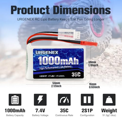 2S Lipo Battery 7.4V 1000mAh 35C(Burst 70C) Rechargeable RC Battery with JST Plug Compatible with WLtoys RC Cars A949 A959 A969 A979 K929 and Most 1/14 1/16 1/18 1/24 Scale RC Car Truck - style: 2PACK with Charger