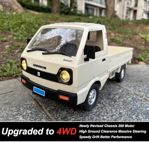 HLSFWDRIVE WPL D14 RC Kei Truck 4x4 Remote Control Drift Car 1/10 Scale | Suzuki RC Car 4WD Carry 2.4 GHz 280 Motor Proportional Throttle Seering Hobby Toy Adult 2 Batteries