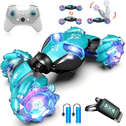 AEROQUEST Blue Gesture Control RC Stunt Car 360° Twists Gift for Kids 6+ | Double-Sided Driving USB Rechargeable Bright LED Effects All-Terrain Performance 2.4GHz Control Durable Twist Design - color: Blue