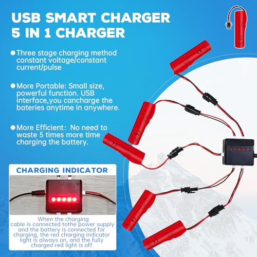 5PCS 3.7V 3000mAh Li-ion Batteries with SM-2P Plug and 5-in-1 Charger for DE42 DE44 DE45 DE68 RC Car,Drifting Car Truck Toy Off-Road Racing Car Battery