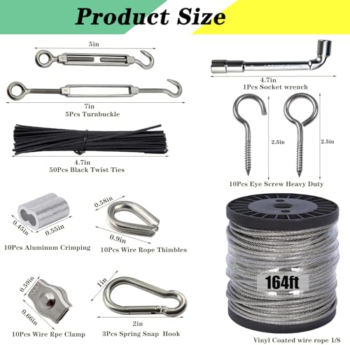 1/8" Wire Rope Kit with M5 Turnbuckles - 164FT Vinyl Coated Stainless Steel Cable, 7x7 Braided Strands Aircraft Cable for Climbing Plants, Outdoor String Lights Hanging - size: 164 ft